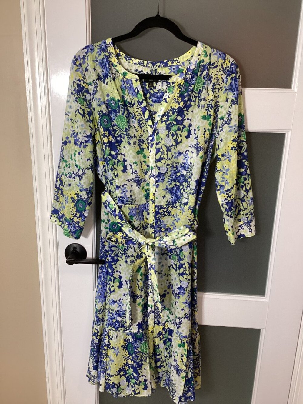Talbots Butterfly Garden Cotton Tie-Waist Midi Dress Blue Yellow - 14P - Lovely!